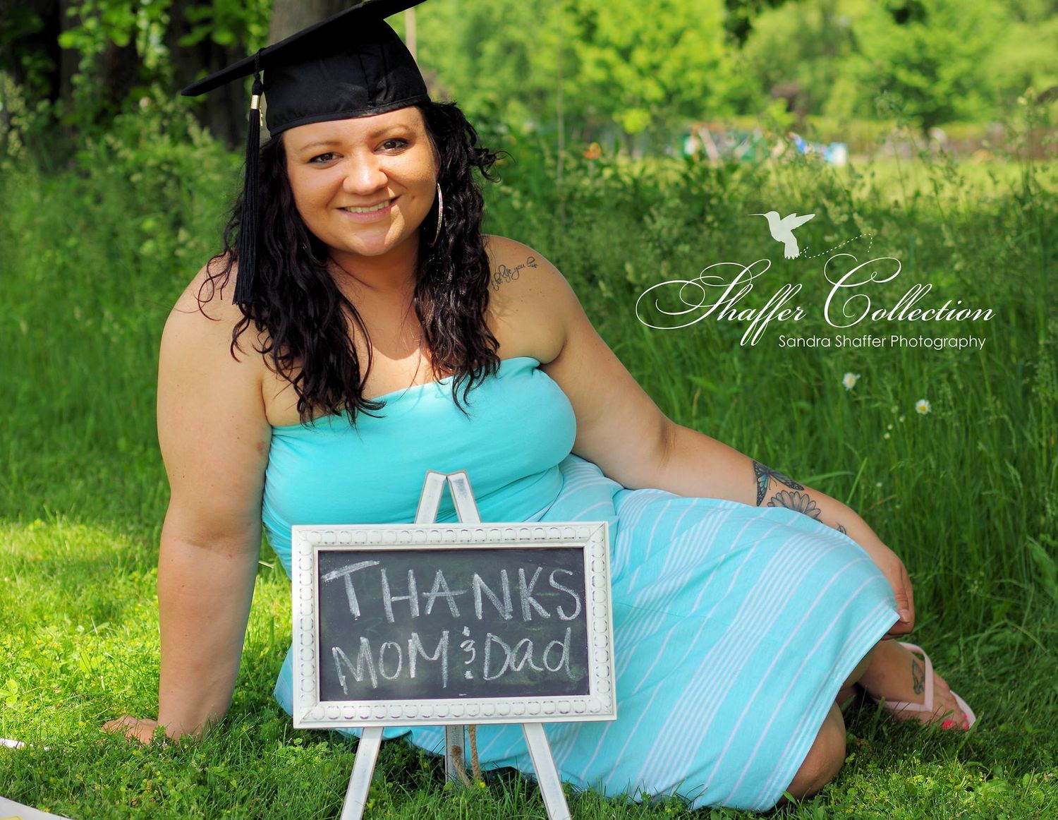 Outdoor graduation photo collage featuring chalkboard sign and natural green background.