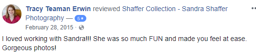 Facebook review highlighting positive experience with Sandra Shaffer Photography.