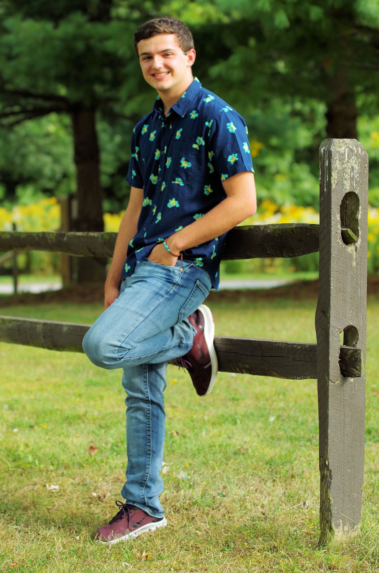 Dynamic poses on wooden fence posts in outdoor park setting wearing patterned blue shirt.