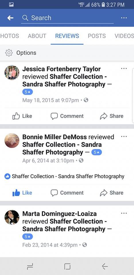 Mobile Facebook reviews interface displaying customer feedback for Shaffer Collection photography services.