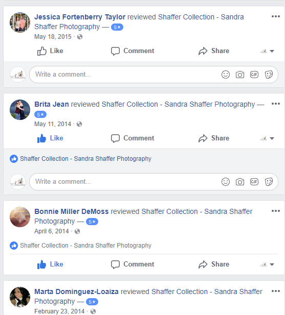 Facebook reviews section showing multiple user ratings for Shaffer Collection - Sandra Shaffer Photography.