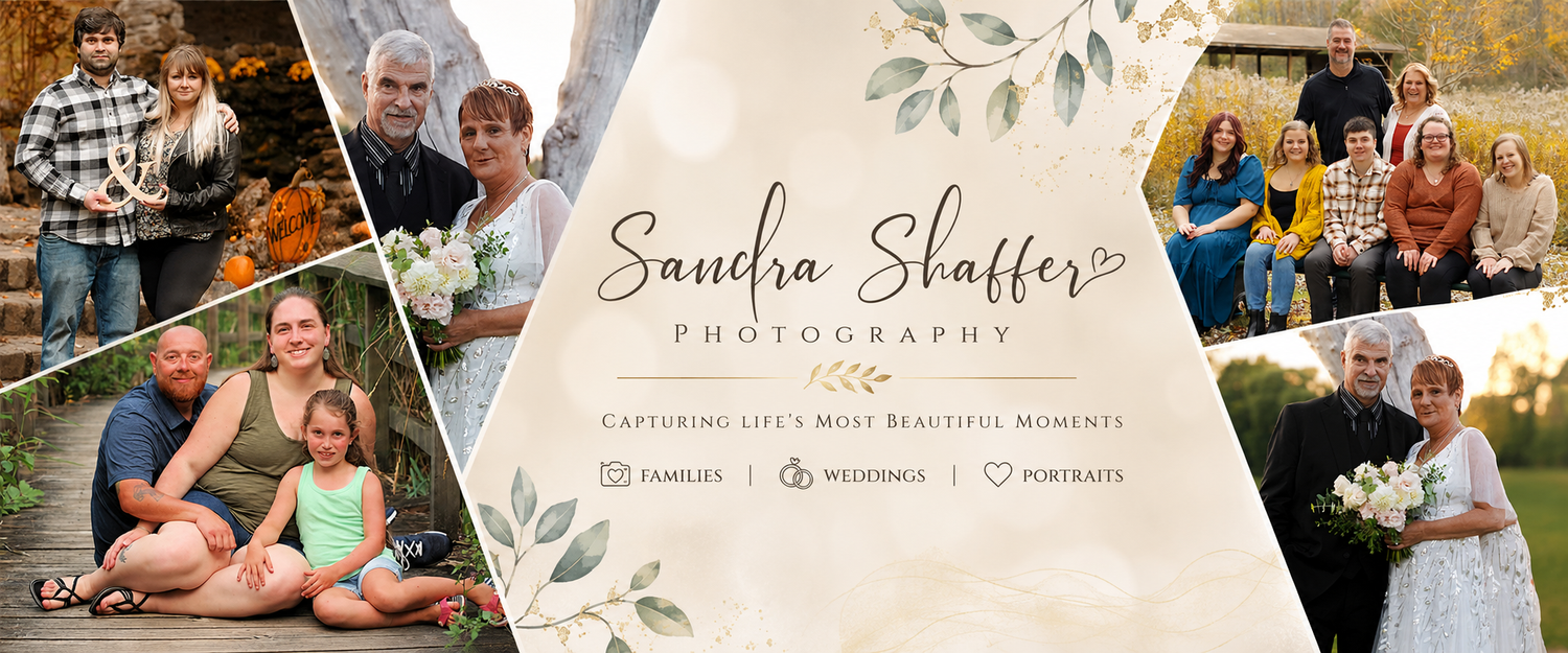 Sandra Shaffer Photography banner featuring family, wedding, and portrait photos with floral design elements.