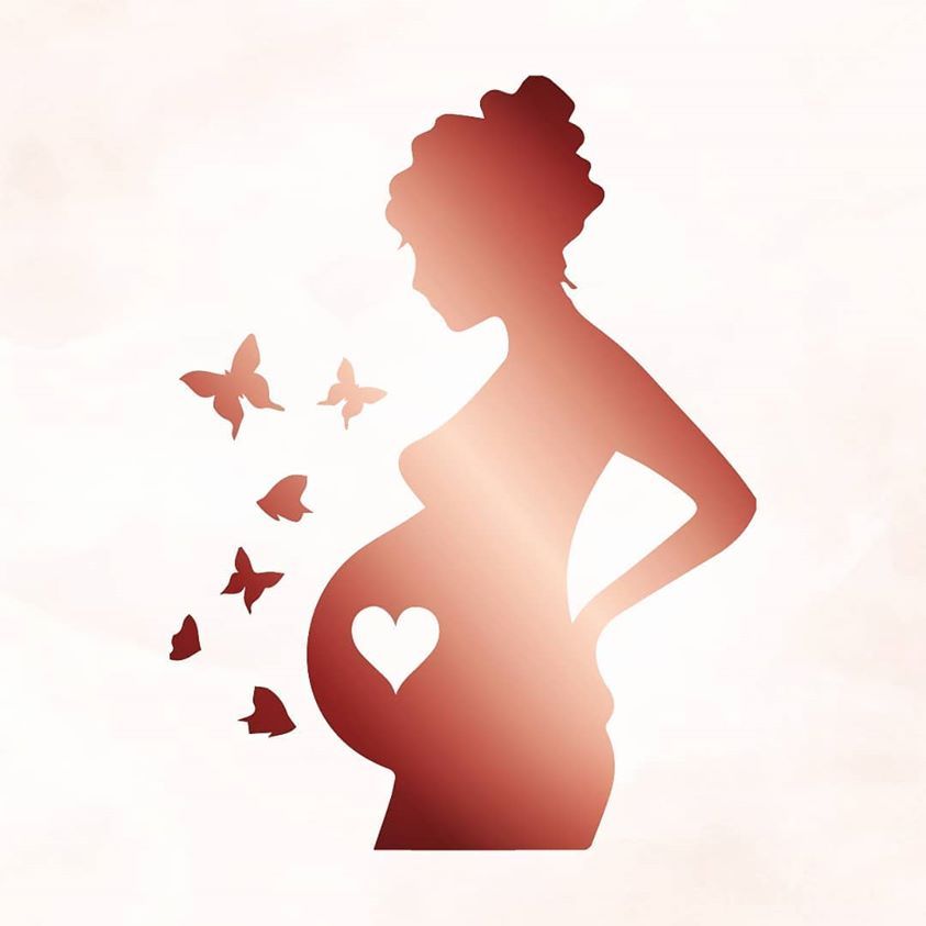 Silhouette of a pregnant woman with butterflies and a heart shape on her belly in rose gold tones.