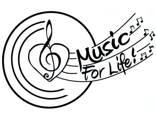 Black and white musical note symbols arranged in circular patterns.