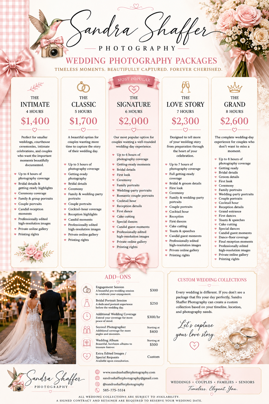 Sandra Shaffer Photography wedding packages pricing guide featuring five tiers from $1,400 to $2,600 with floral design.