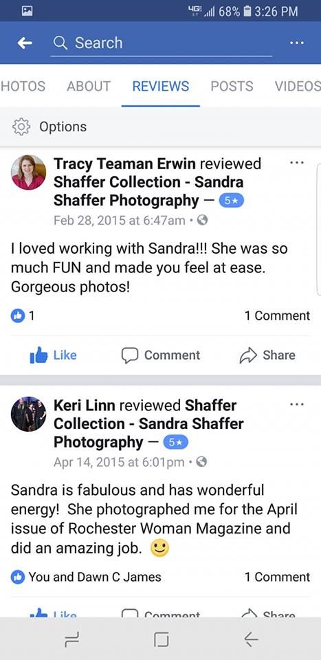 Facebook reviews page showing positive customer feedback for photography services.