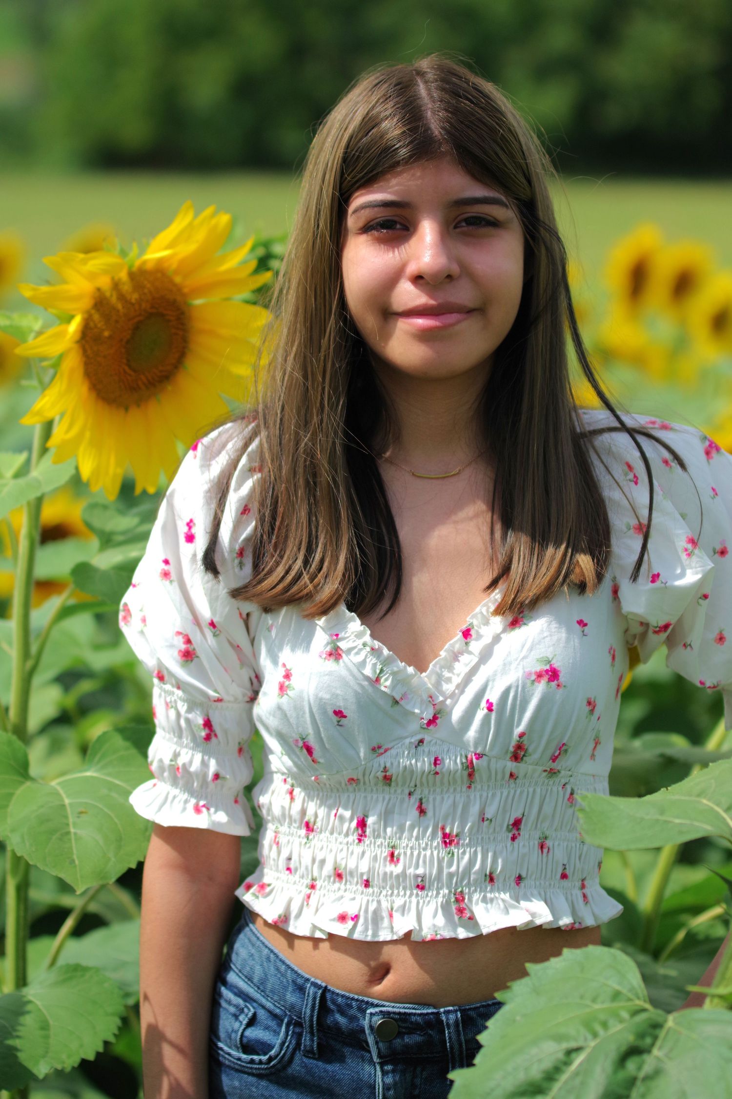 Summer portrait in sunflower field wearing white floral crop top and denim.