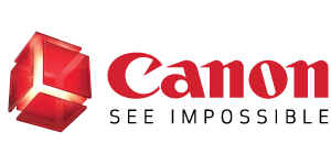 Canon logo featuring a red wordmark and geometric cube symbol.