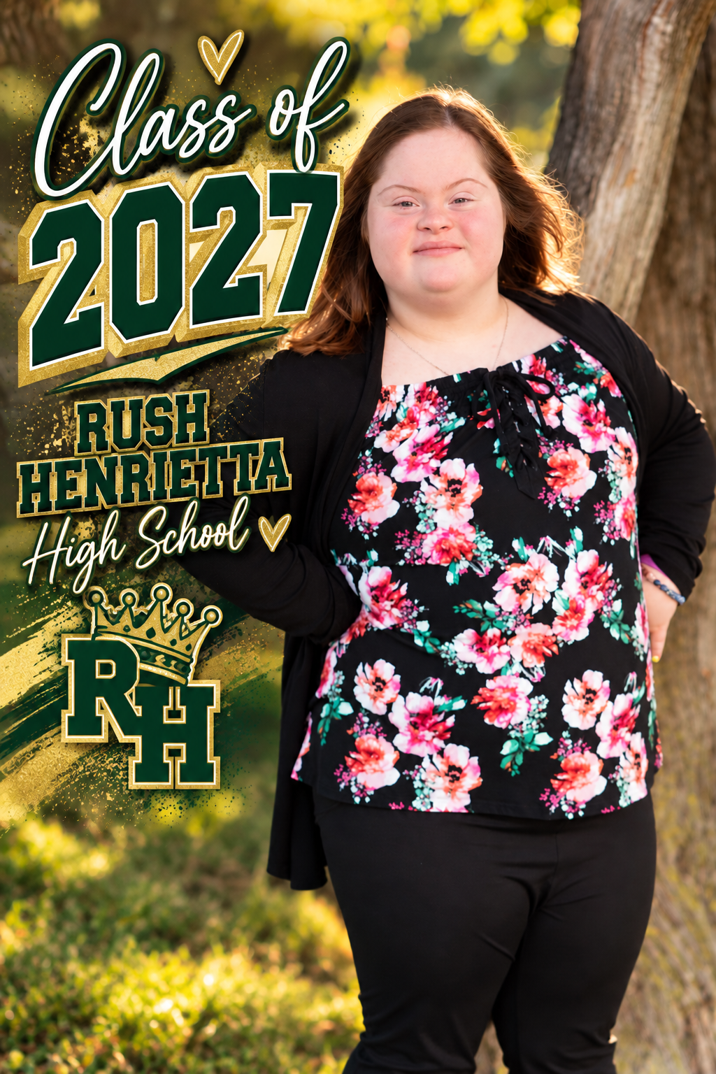 Rush Henrietta High School Class of 2027 senior portrait of a young woman in floral top outdoors.