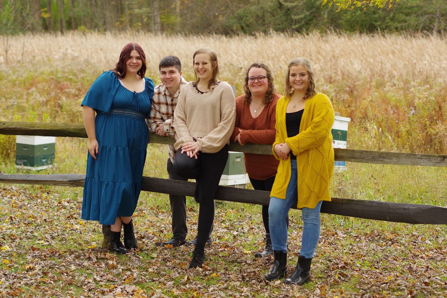 Group relaxing on wooden fence in autumn field setting.
