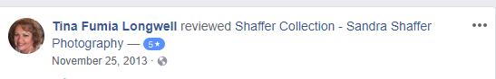 Facebook review post for Shaffer Collection - Sandra Shaffer Photography showing a positive comment.