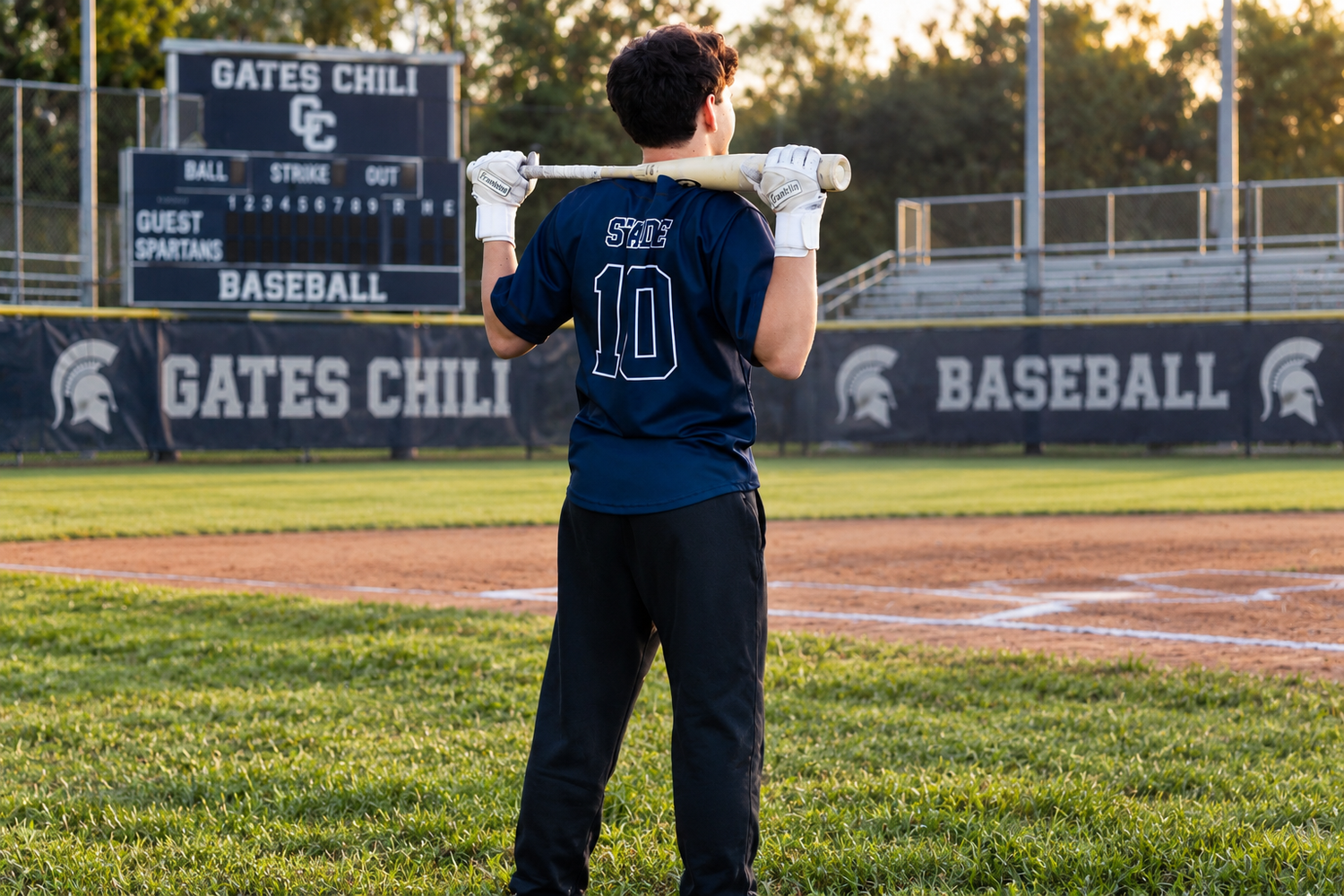 Baseball player #10 stands on Gates Chili field holding a bat overhead, wearing navy jersey and white batting gloves.