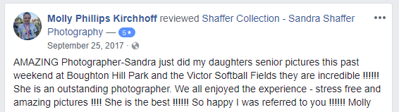 Two Facebook reviews praising Sandra Shaffer's photography services.