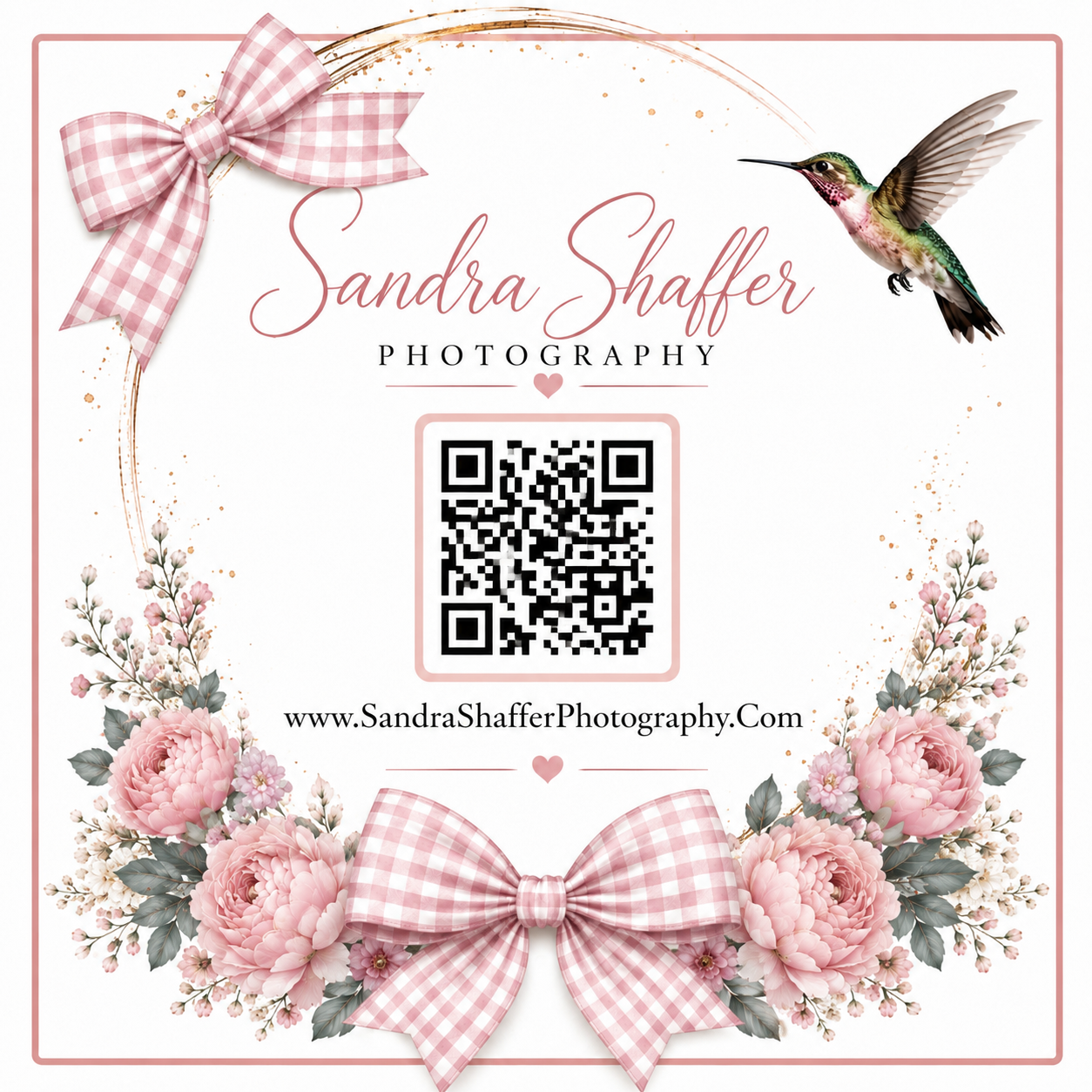 Sandra Shaffer Photography branded square with pink bows, floral arrangement, hummingbird, QR code, and website URL.