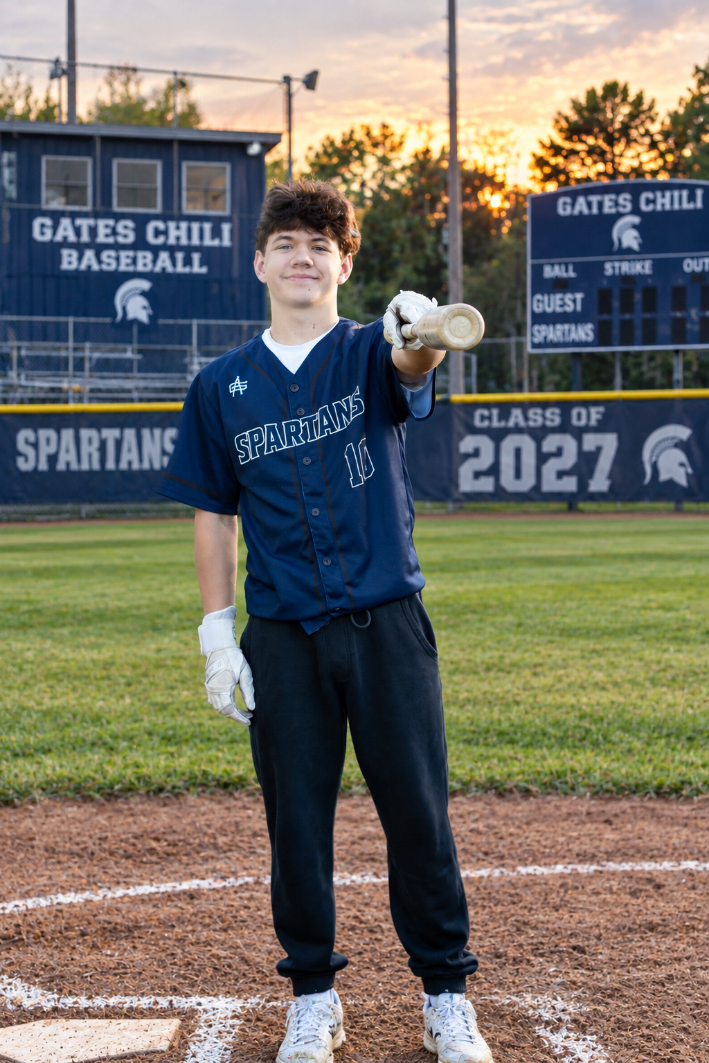 Gates Chili Spartans baseball player holding bat at home plate, Class of 2027 senior photo at sunset.
