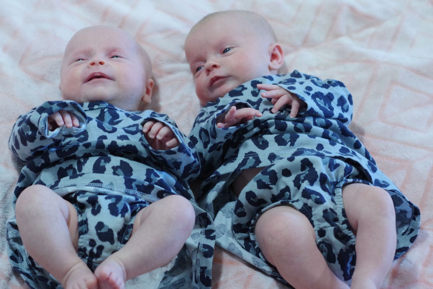 Two infants wearing matching blue leopard print outfits lying on pink bedding.