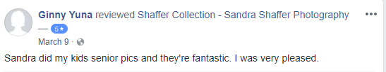 Brief Facebook review expressing satisfaction with senior photography session.