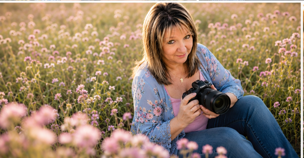 Woman photographer sitting in a blooming pink flower field holding a camera, golden hour light.