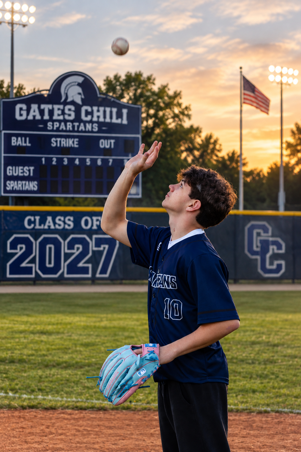 Gates Chili Spartans Class of 2027 baseball player tossing a ball at sunset on the field.