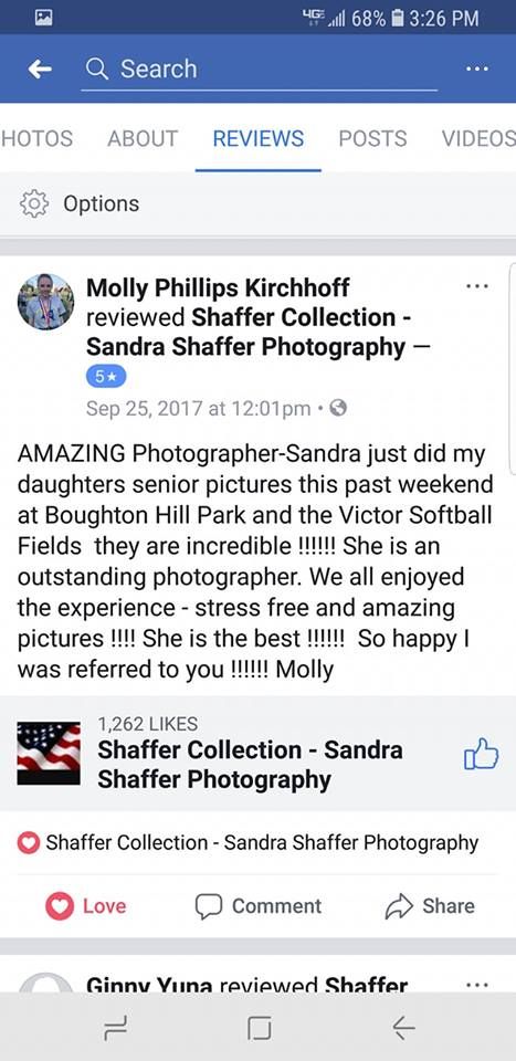 A glowing Facebook review praising a senior photo session at Boughton Hill Park and Victor Softball Fields.