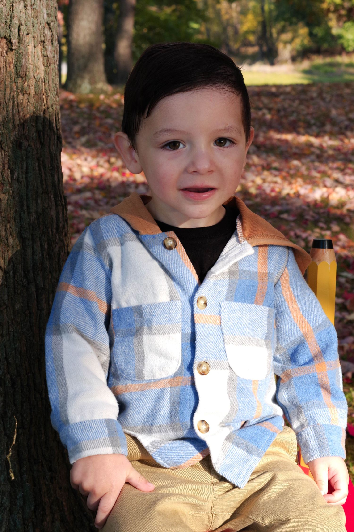 Young child in blue and white patterned jacket sitting against tree trunk.