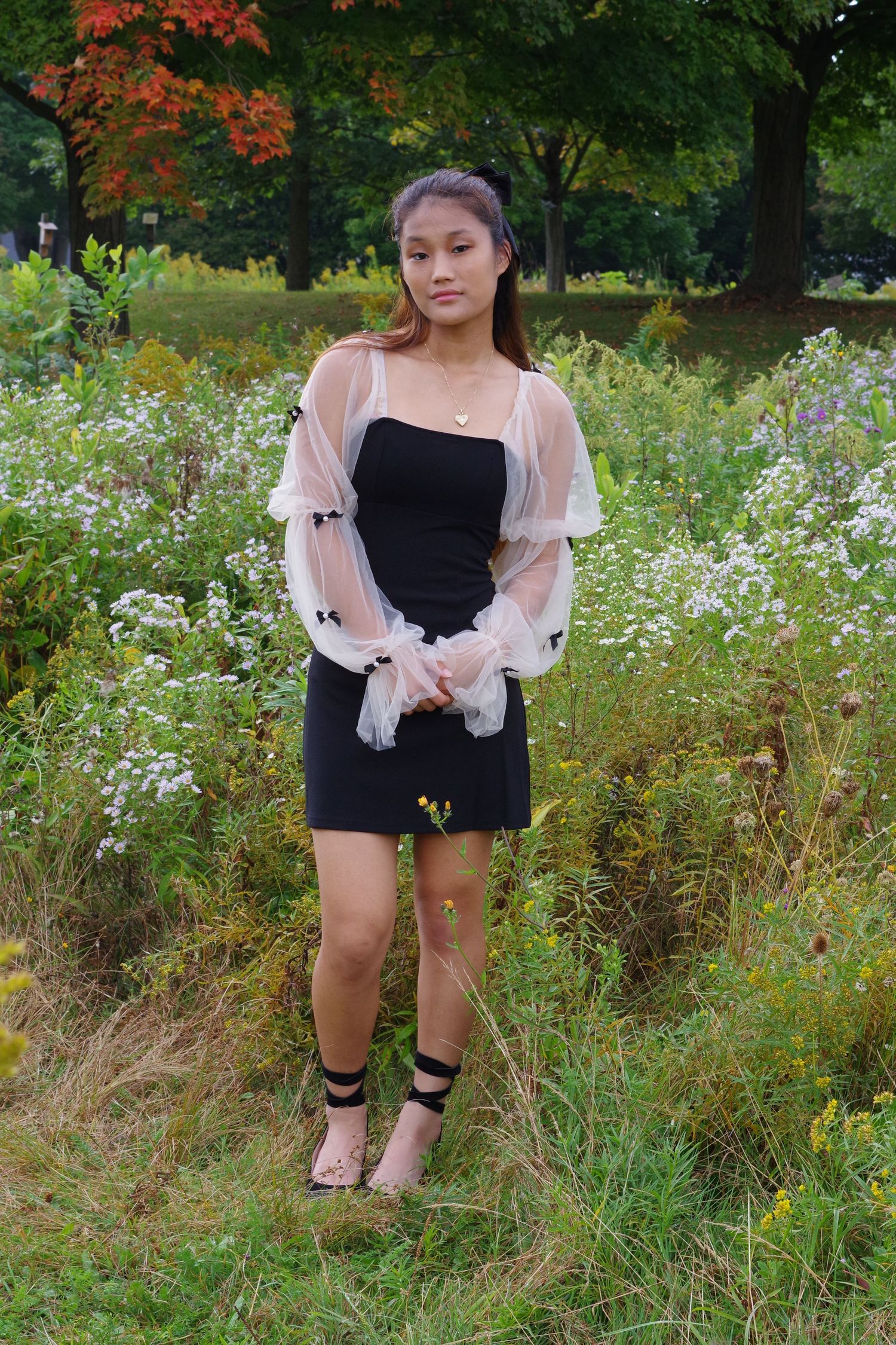 Full length outdoor portrait in black dress with sheer sleeves among wildflowers and autumn foliage.