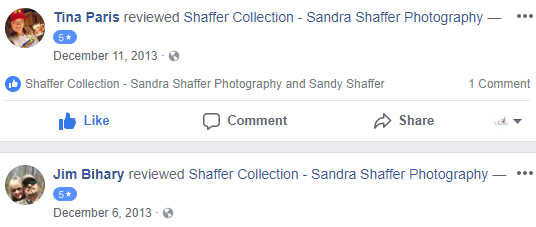 Multiple Facebook reviews and likes for Shaffer Collection photography services.