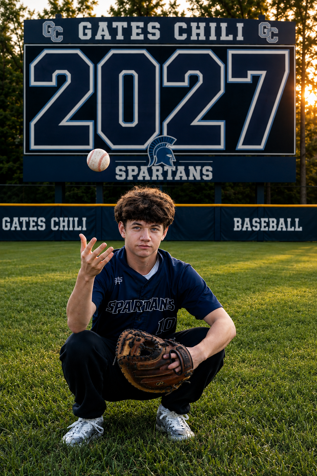 Gates Chili Spartans 2027 baseball player crouching on field tossing a ball while wearing team uniform and glove.