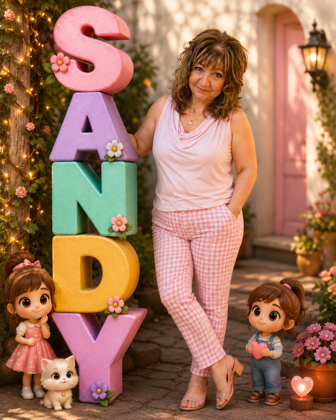 Woman poses beside colorful 3D letters spelling SANDY with cute cartoon figurines in a whimsical garden setting.