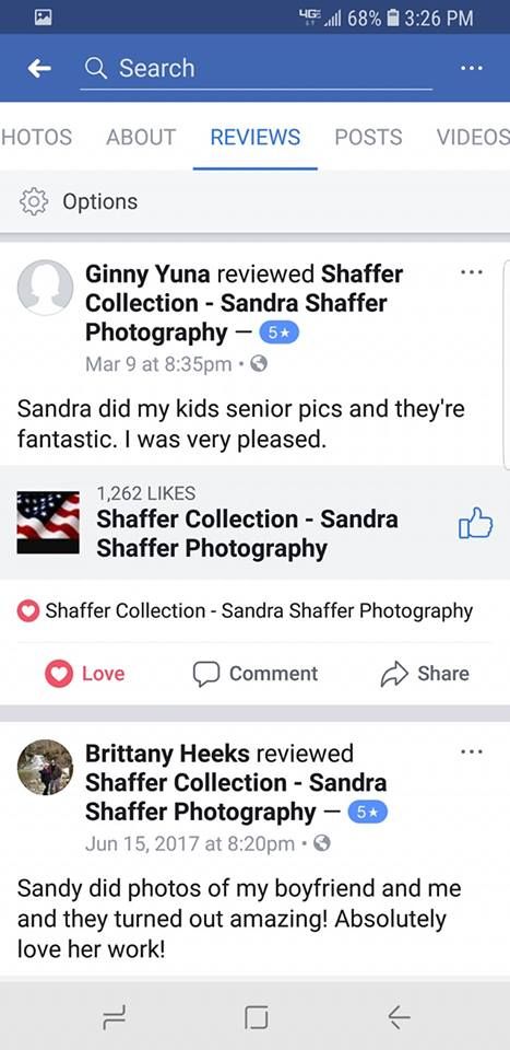 Multiple Facebook reviews praising photography work and senior portraits.