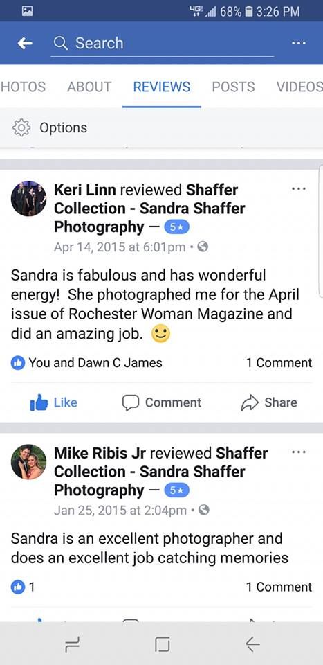 Facebook reviews page showing positive feedback about photography work and magazine features.