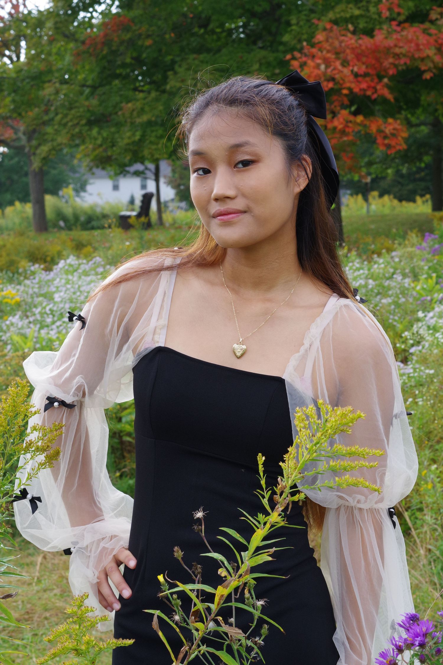 Portrait in a garden with autumn foliage wearing a black dress with sheer puff sleeves.