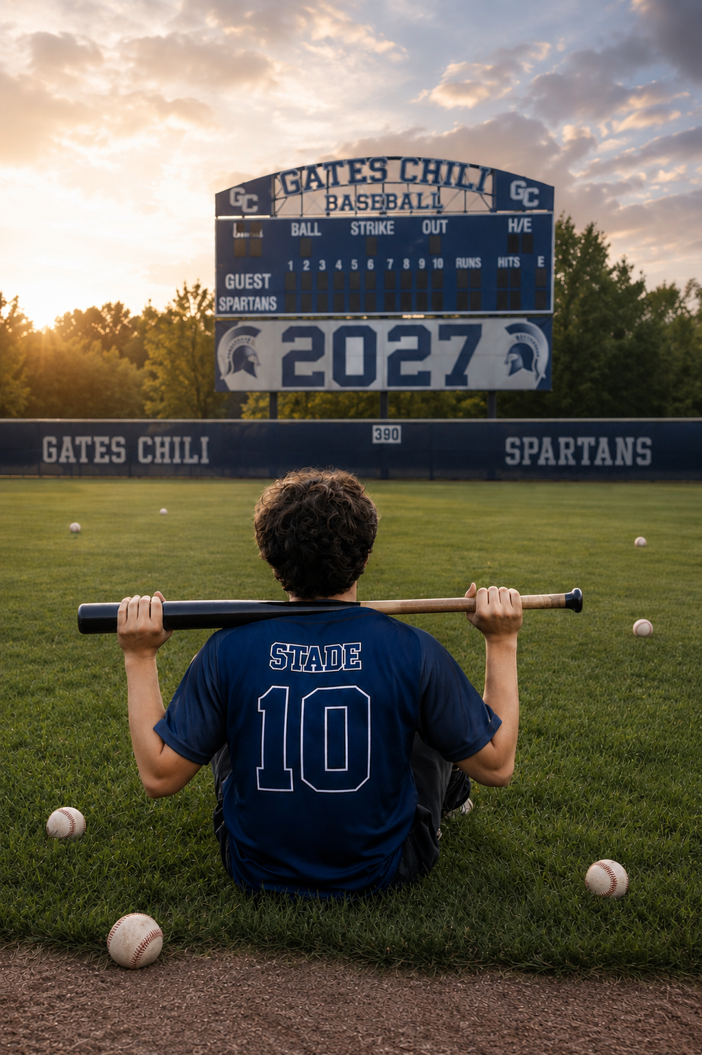 Baseball player #10 Stade poses with bat at Gates Chili Spartans field, class of 2027 scoreboard at sunset.
