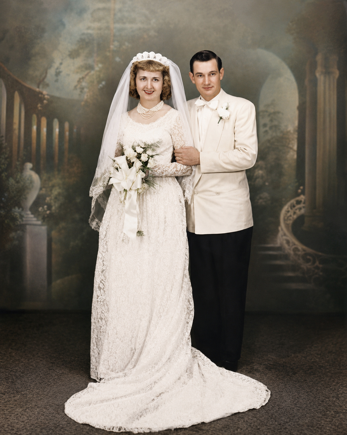 Vintage wedding portrait of a bride in lace gown with veil and groom in white tuxedo jacket posing before painted backdrop.