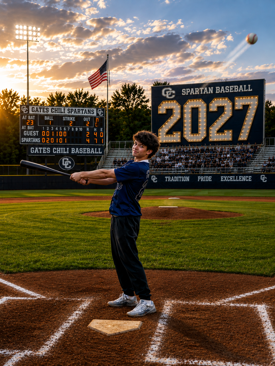 Gates Chili Spartans baseball player swinging bat at home plate during golden hour with 2027 senior banner in background.