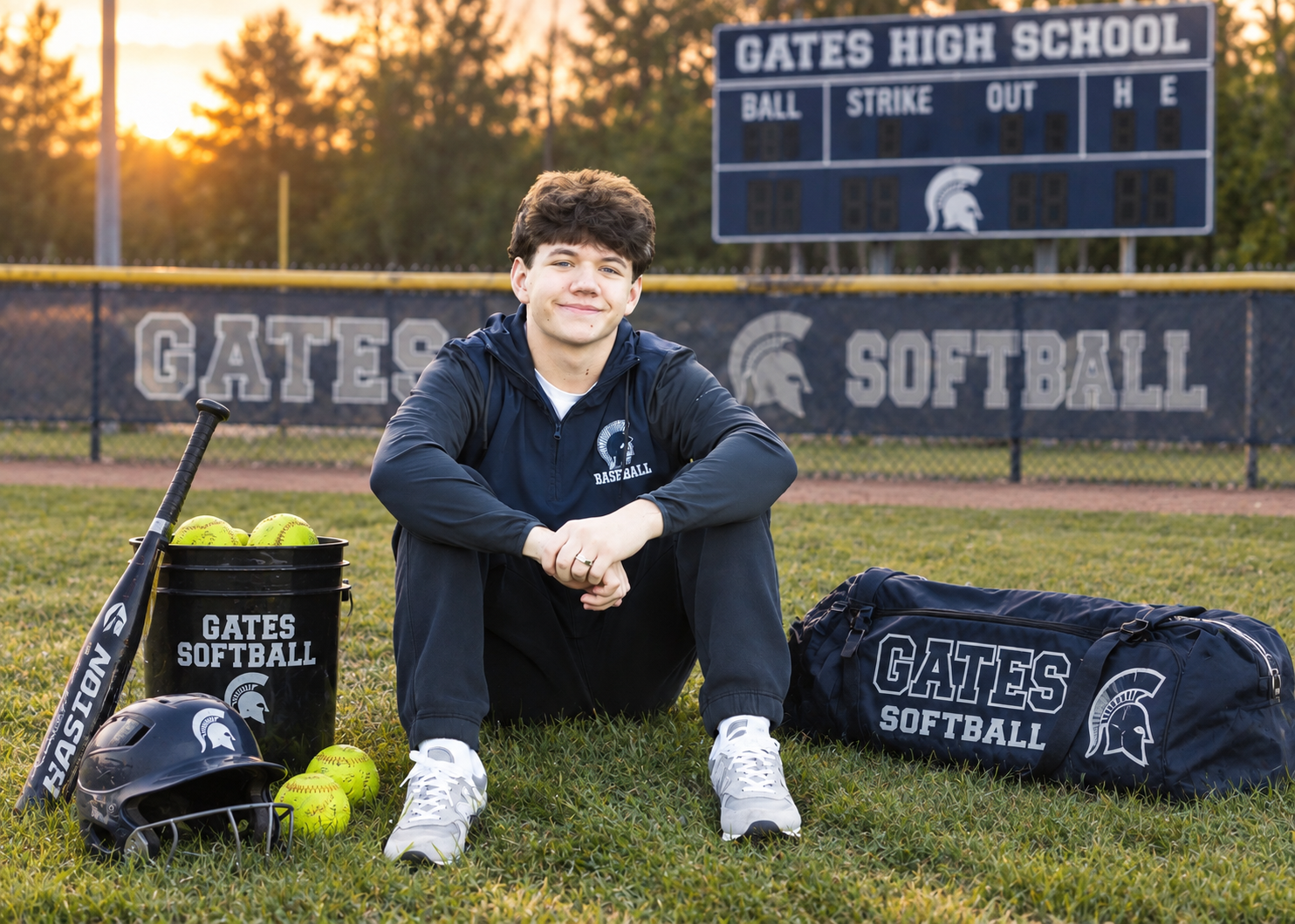 Teen boy in Gates Softball hoodie poses with equipment bags and bucket on field at Gates High School at sunset.