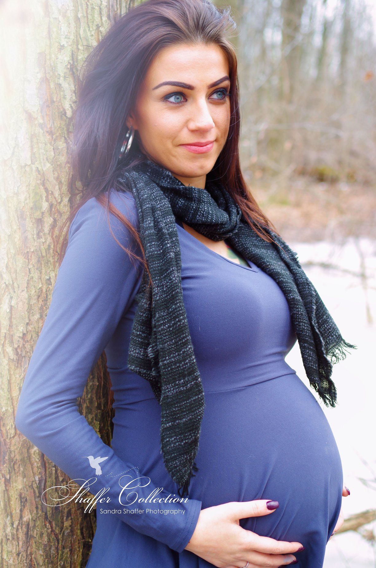 Maternity photos in navy dress show expectant mother posing in winter woods.