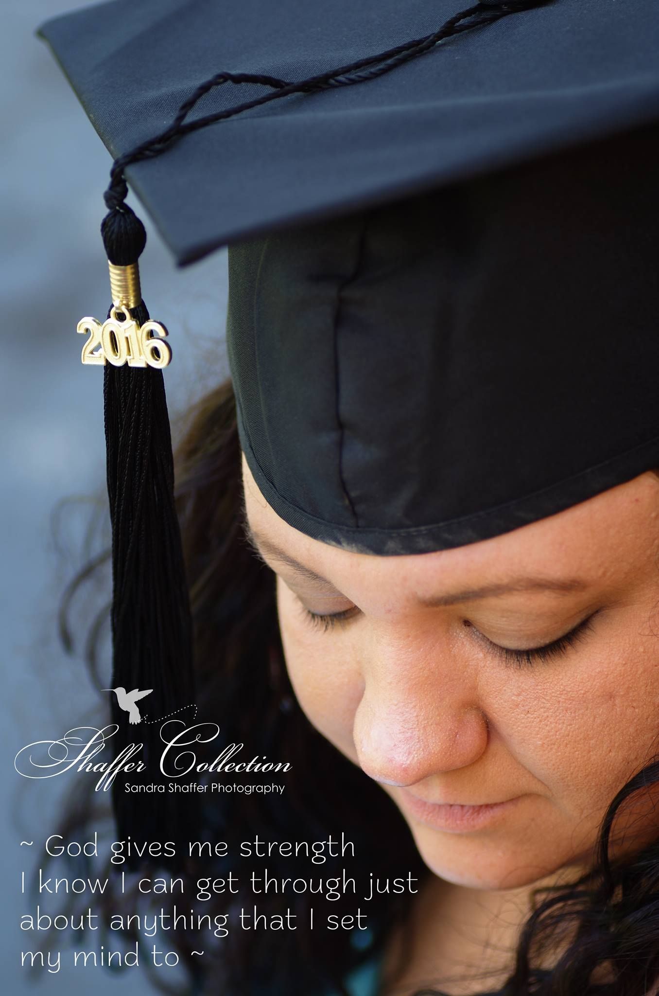 Artistic graduation photo series showing cap details with inspirational text overlay.