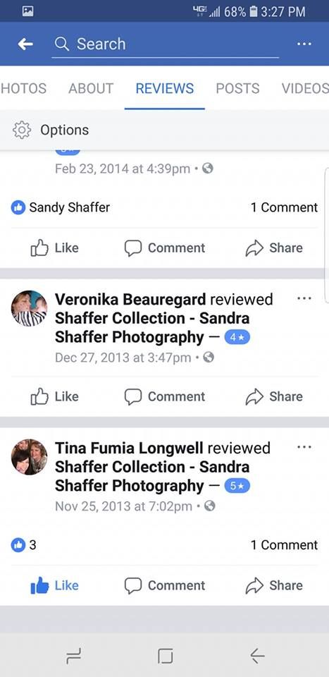 Mobile screenshot of Facebook reviews section showing engagement with photography business.