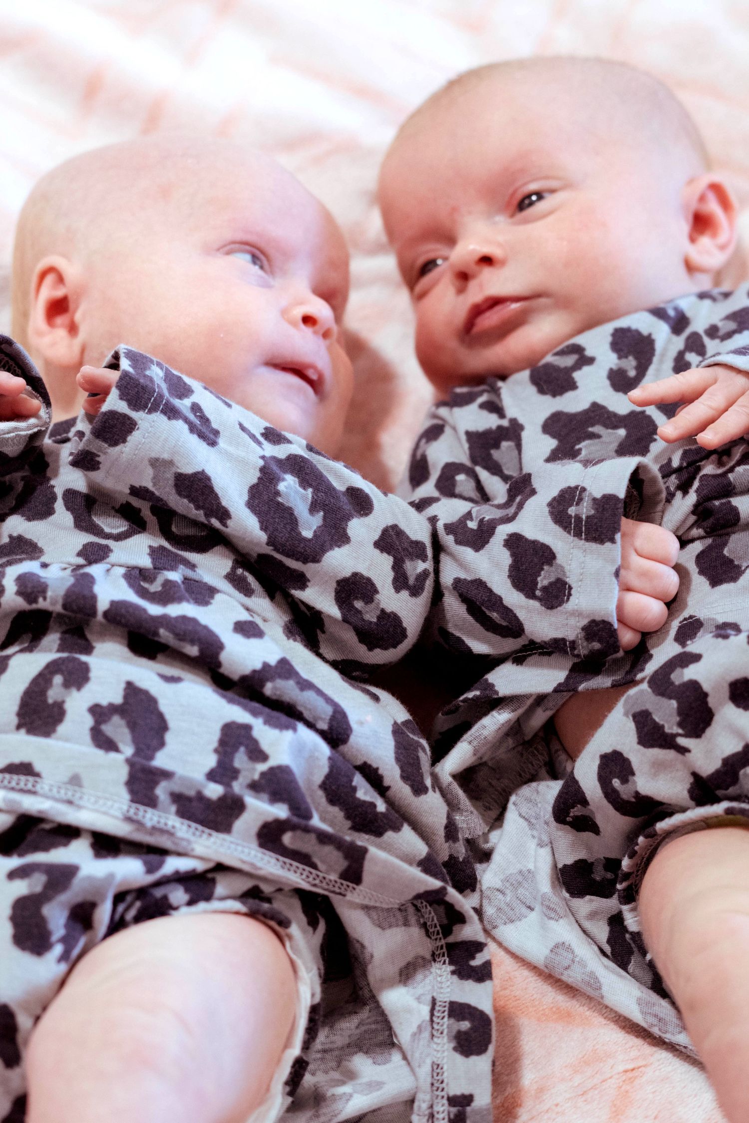 Twin babies in leopard print outfits lying side by side on pink fabric.