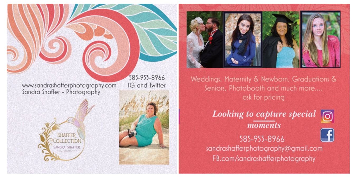 Marketing collateral showing pink and turquoise design elements with photography business information.