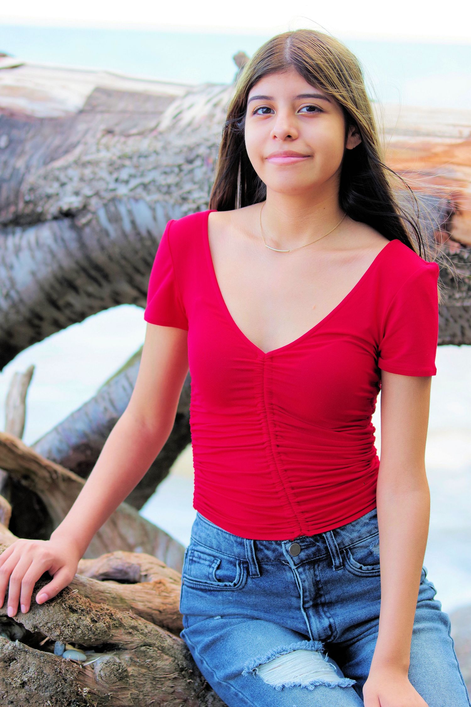 Outdoor portrait on driftwood wearing red ruched top and distressed denim.
