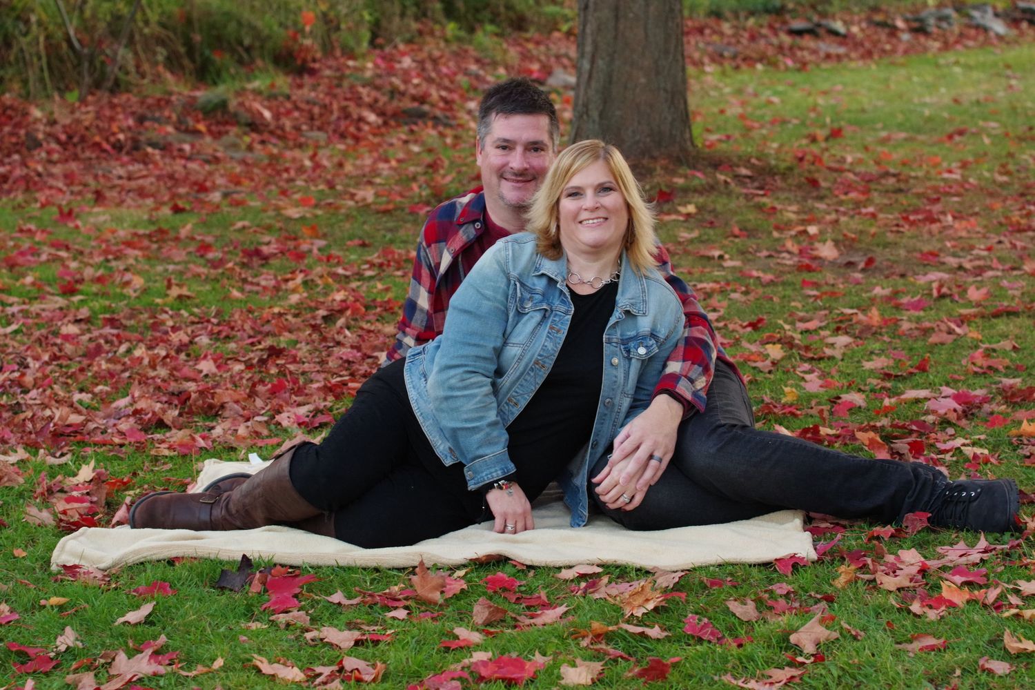 Couple relaxing on blanket surrounded by fallen autumn leaves.