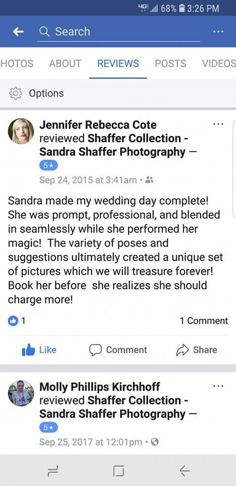 Facebook review praising wedding photography services with detailed positive feedback.