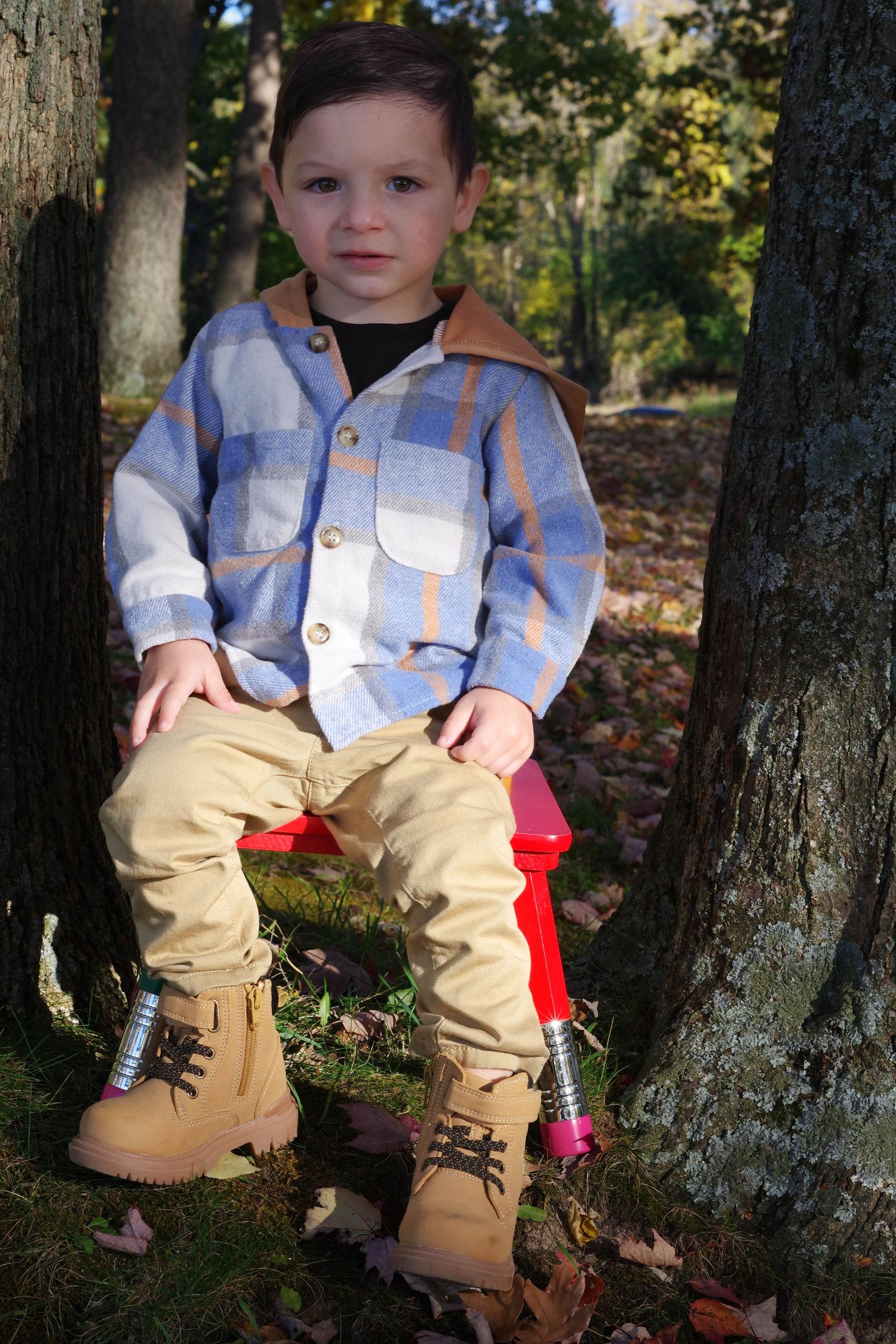 Young boy in plaid shirt and tan boots sits on a red toy between two trees in an autumn forest setting.