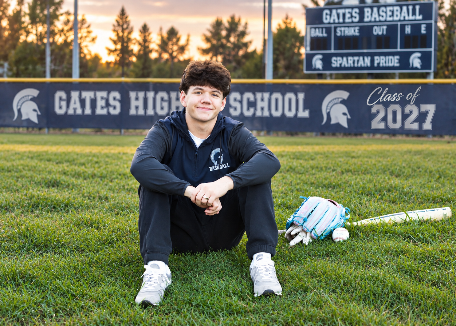 High school senior poses on baseball field at Gates High School, Class of 2027, with baseball gear at sunset.