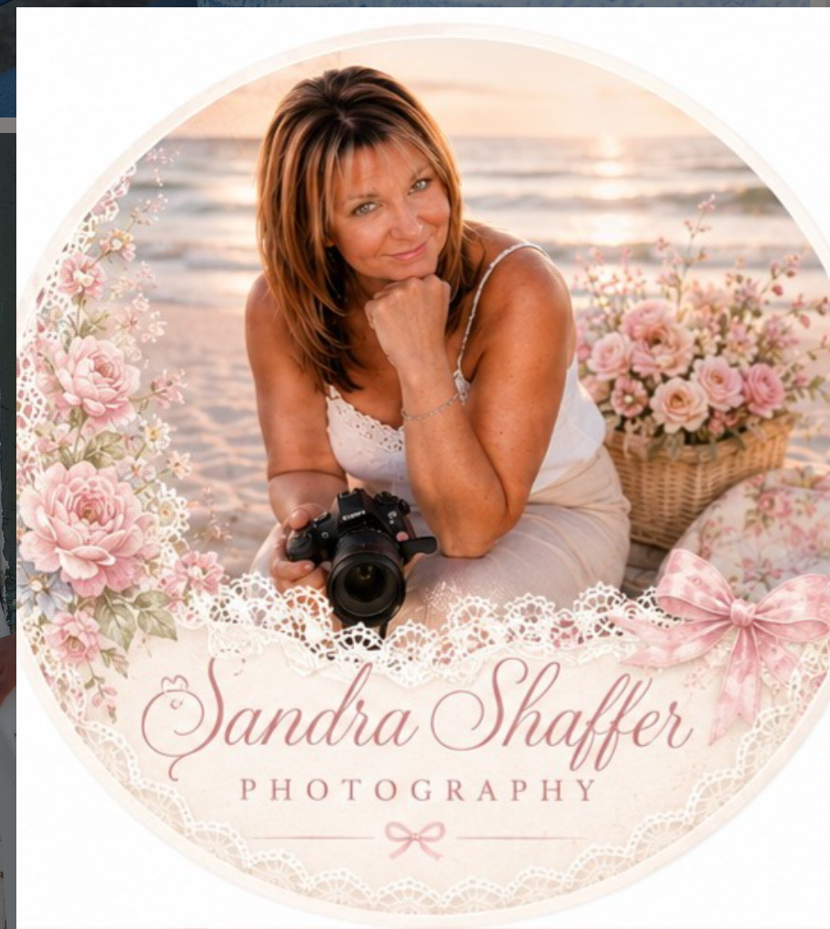 Sandra Shaffer Photography logo featuring a woman photographer posing on a beach surrounded by pink floral decorations.