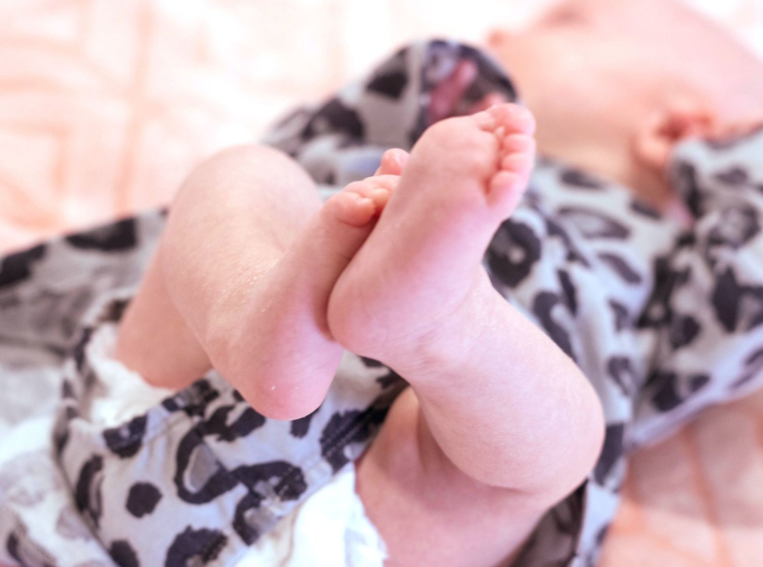 Close-up of adorable newborn baby feet and toes in leopard print pants on a soft pink blanket.