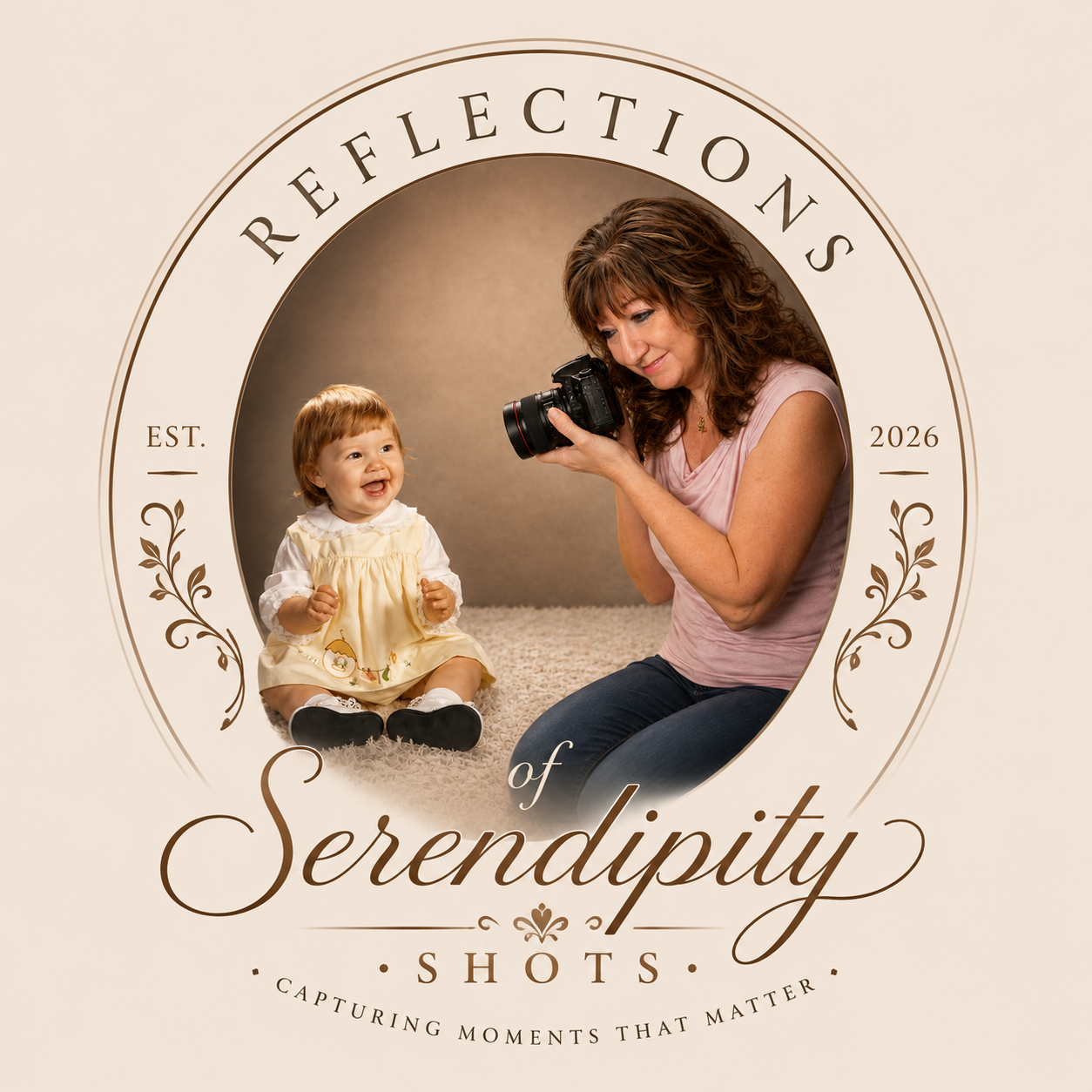 Logo for Reflections of Serendipity Shots photography studio featuring a woman photographing a smiling baby, est. 2026.