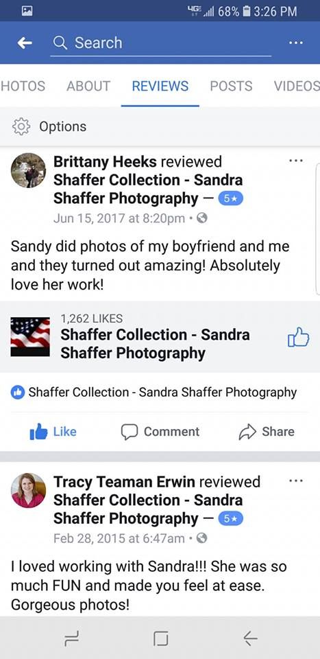 Facebook review screenshots showing positive feedback for photography services.